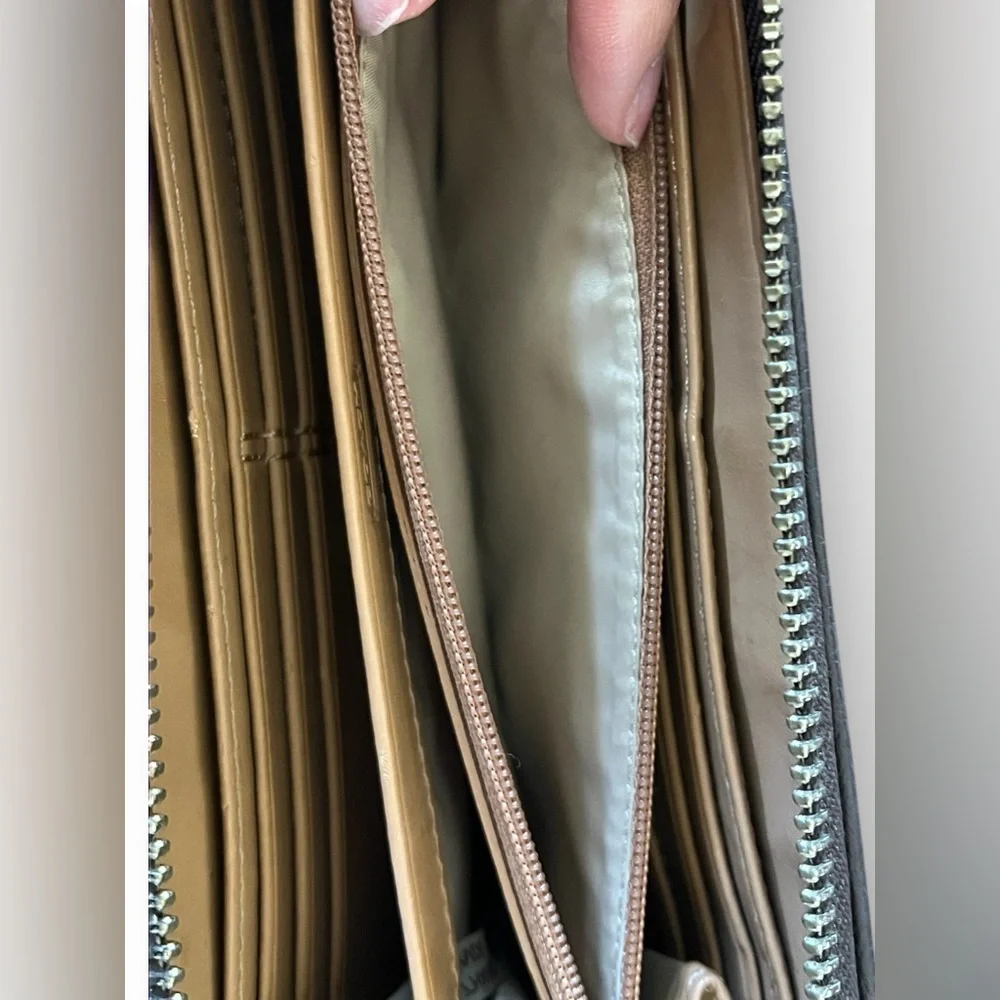 Coach Signature Canvas Zip Around Wallet Brown Tan Leather